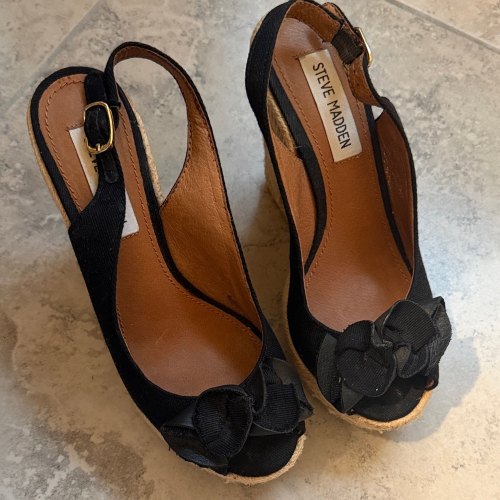 Steve Madden Black Espadrille Wedge Slingback Heels